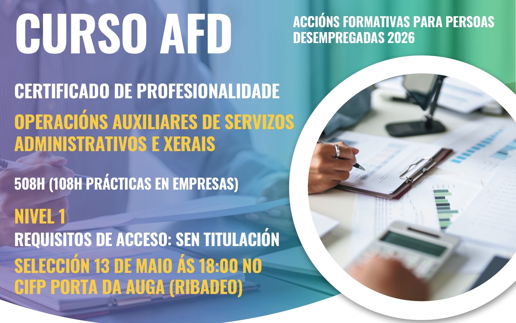 O CIFP Porta da Auga de Ribadeo ofrece un curso gratuíto de administrativo con prácticas e certificado de profesionalidade