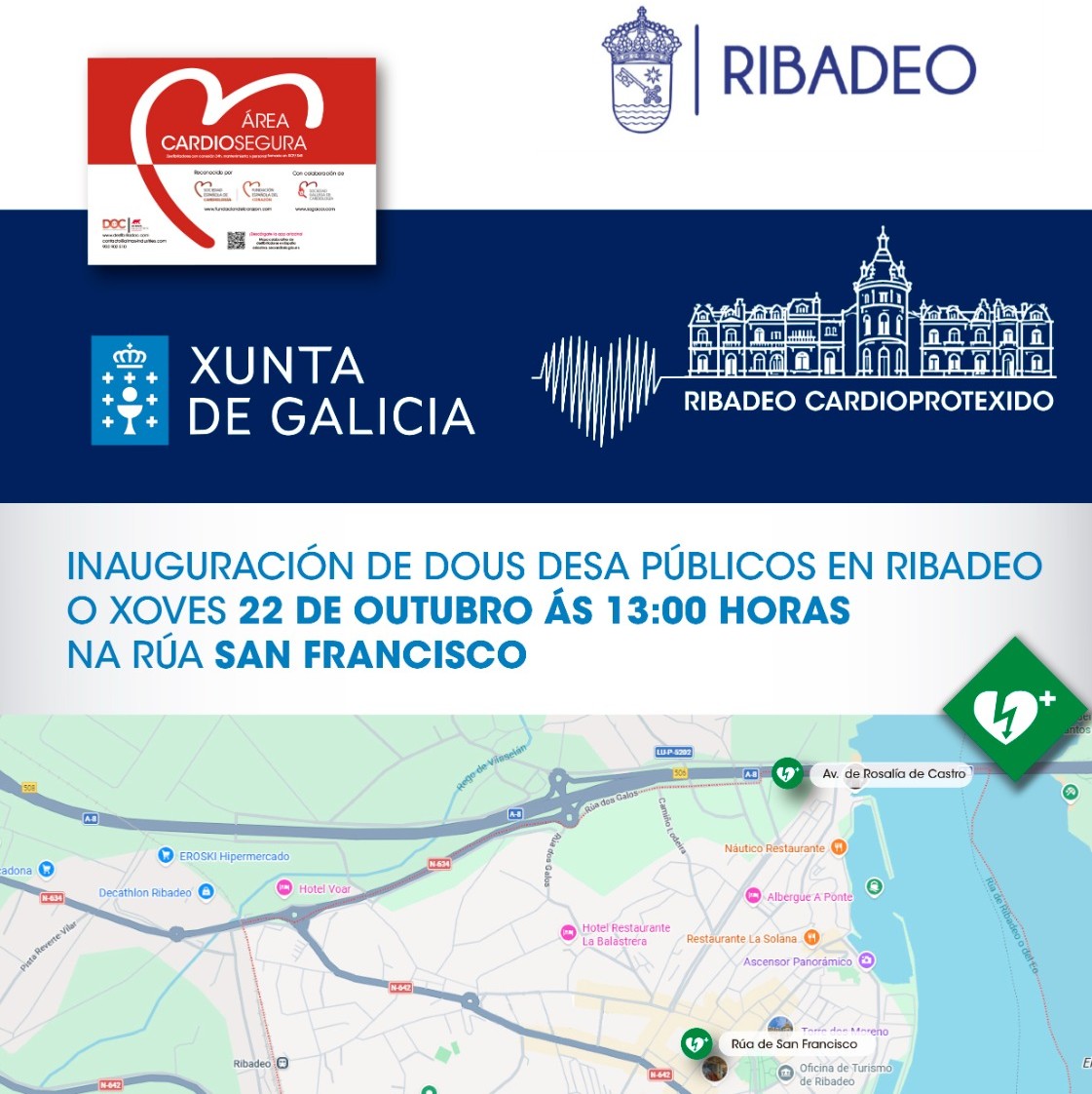 Ribadeo instala dous novos desfibriladores públicos para reforzar a atención ás emerxencias cardíacas
